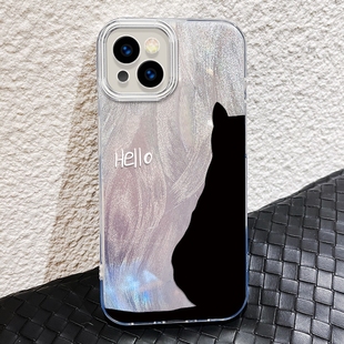 背影黑猫羽纱适用苹果15pro手机壳适用一加13适用红米k80适用小米适用荣耀300pro保护套3040适用华为p70