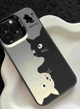 卡通黑白猫咪适用苹果16pro手机壳iPhone15plus13情侣适用华为mate60适用荣耀300适用红米萌宠适用小米15高级