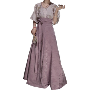 柏粟原创汉服女日常通勤唐制褙子复原款圆领齐腰八破长裙春夏款