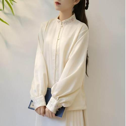 柏粟原创汉服新中式国风衬衫[丁香]上衣女秋冬加厚刺绣提花衬衣