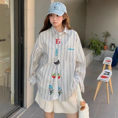 复古高街刺绣条纹衬衫女2025春季新款设计感别致情侣长袖上衣外套