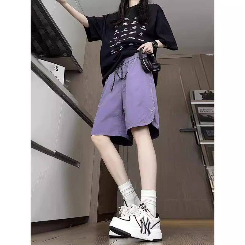 紫色多巴胺速干五分裤男女夏季侧边排扣工装短裤薄款情侣沙滩中裤