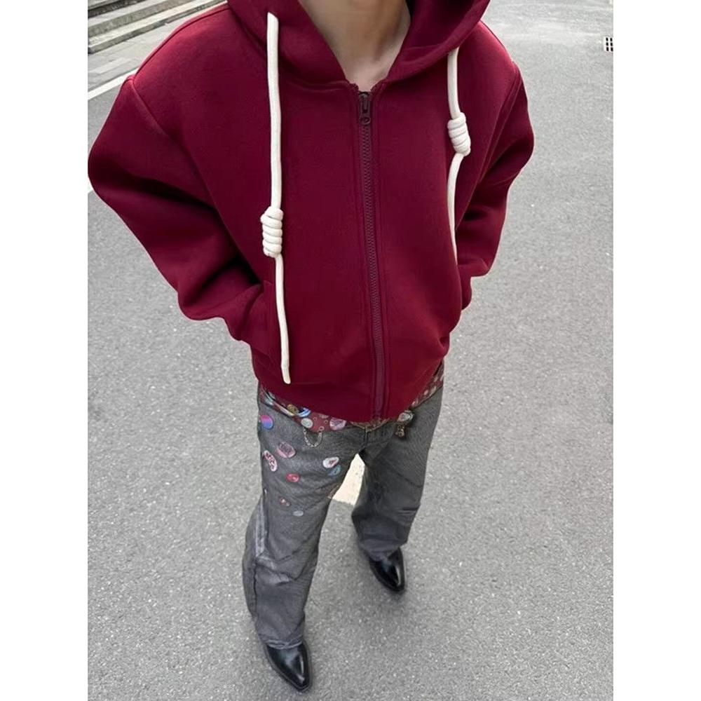 手工编绳纯色连帽卫衣外套情侣2025春秋新款宽松帽衫连帽开衫