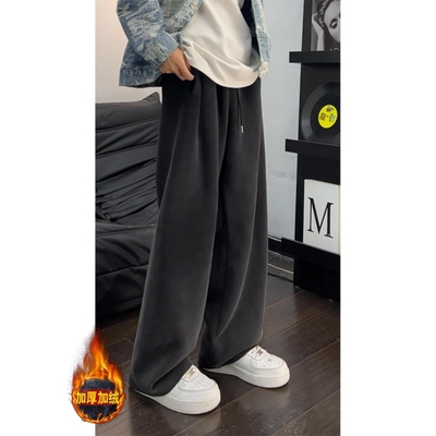 美式复古宽松慵懒风加绒直筒裤加厚休闲卫裤男款秋冬季阔腿棉裤子