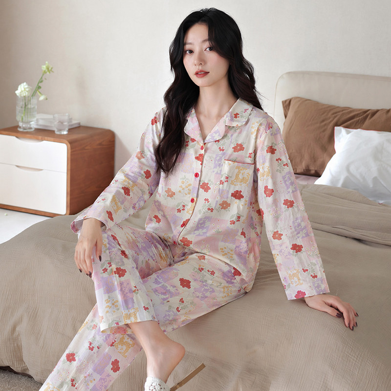 春秋季纯棉女睡衣可外穿休闲套装