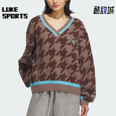 Adidas/阿迪达斯正品三叶草女士日常V领复古针织休闲套头衫KC2688