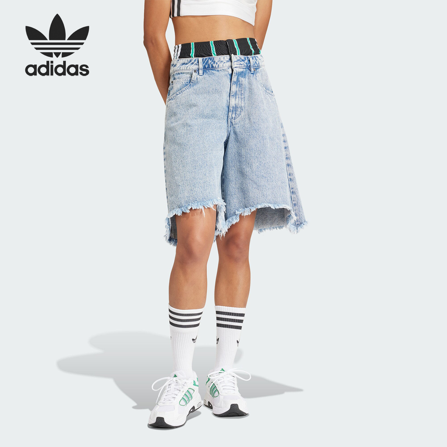 Adidas/阿迪达斯正品三叶草女士牛仔阔腿休闲运动短裤IU2470