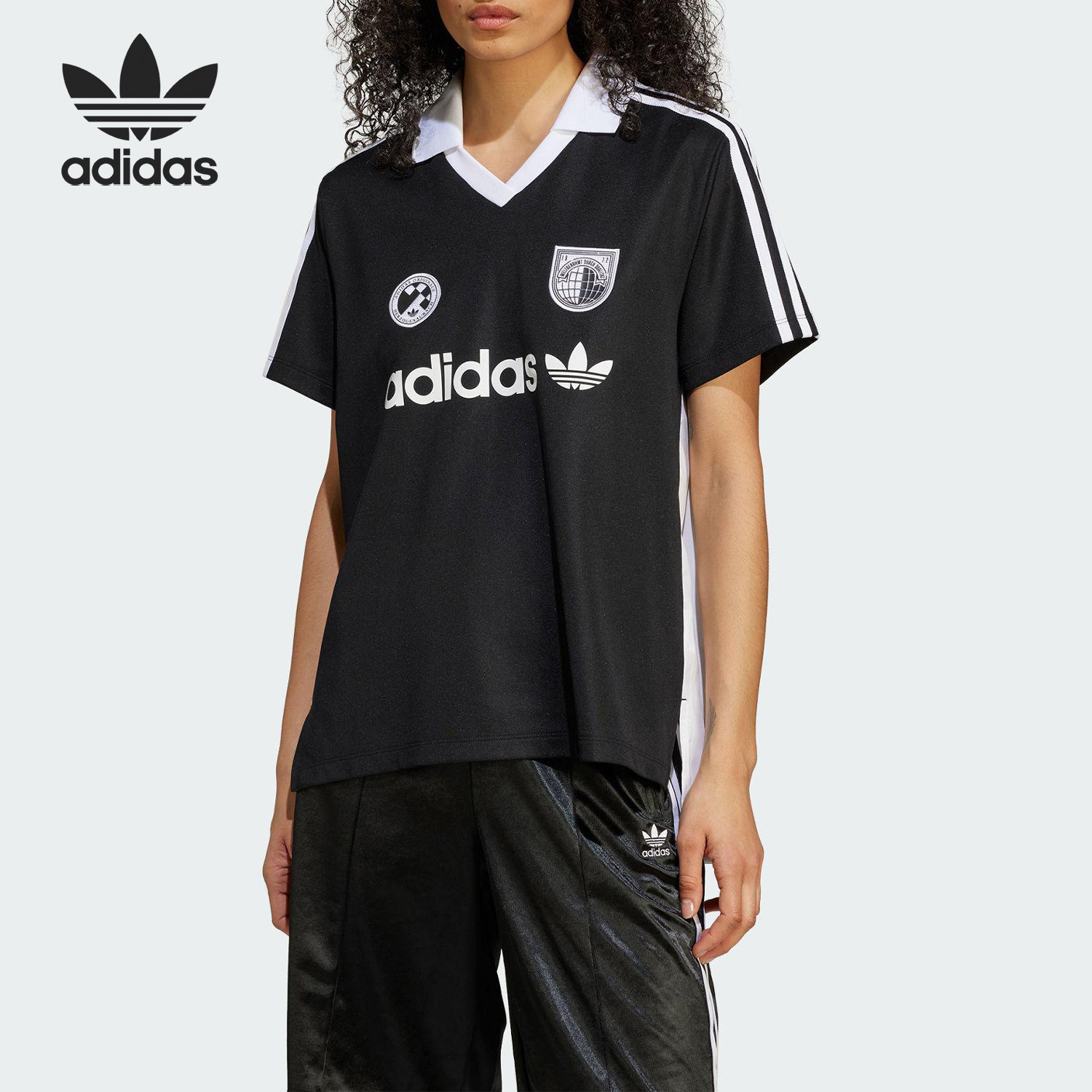 Adidas/阿迪达斯官方正品三叶草女士褶皱拼接翻领短袖T恤JZ6783