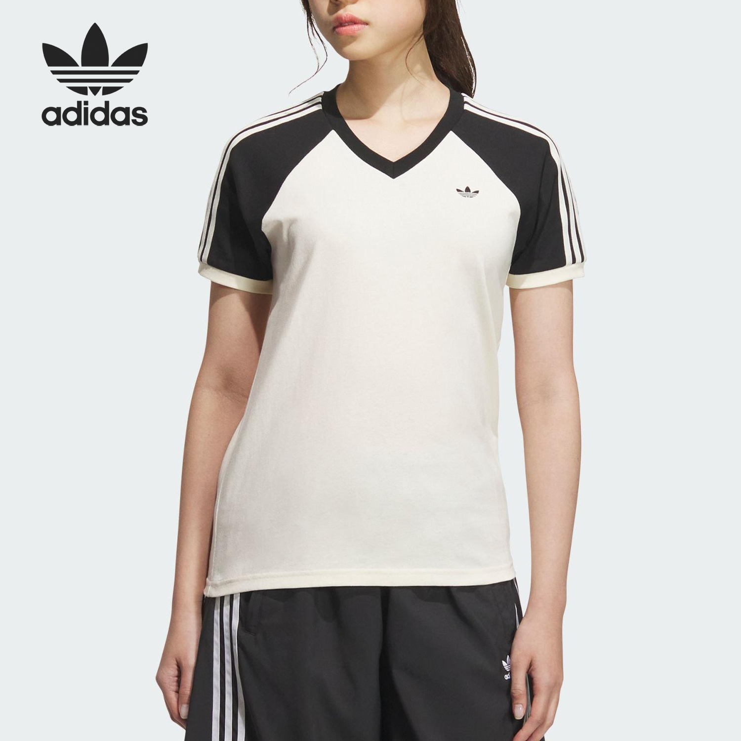 Adidas/阿迪达斯官方正品三叶草女士V领日常拼接透气短袖KF0316