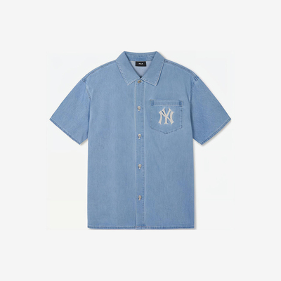 MLB正品春秋男士单排扣简约牛仔休闲短袖衬衫T恤3ADRB0443-50BLL