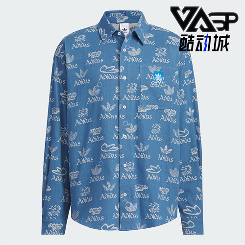 Adidas/阿迪达斯正品三叶草男士宽松翻领满印经典时尚衬衫JN1662