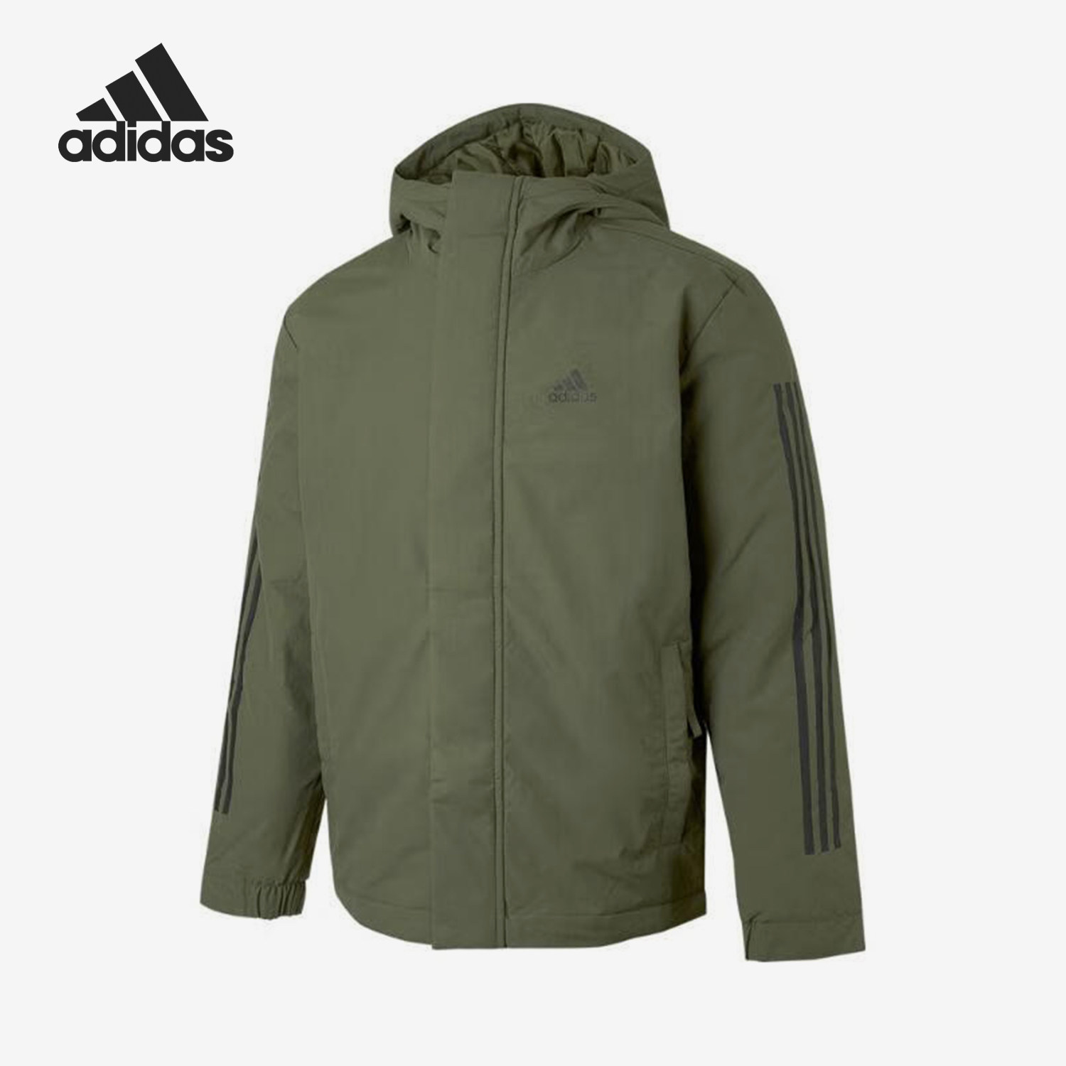 Adidas阿迪达斯正品男保暖连帽户外军绿色拉链运动休闲棉服IV9230