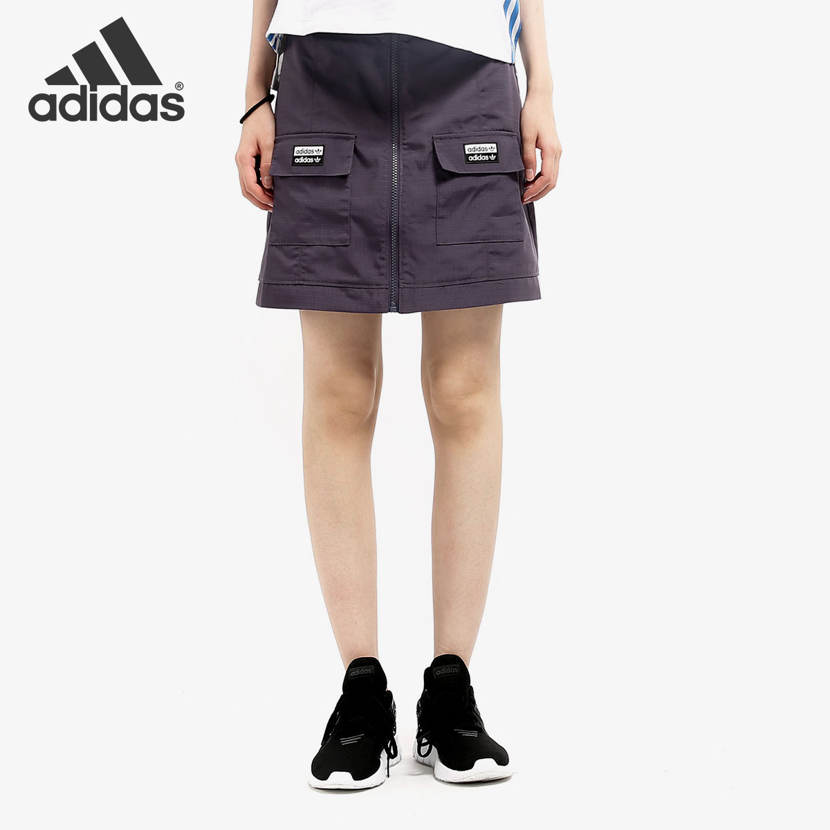 Adidas/阿迪达斯正品 三叶草 双串标A字裙 串标高腰短裙 EH8719