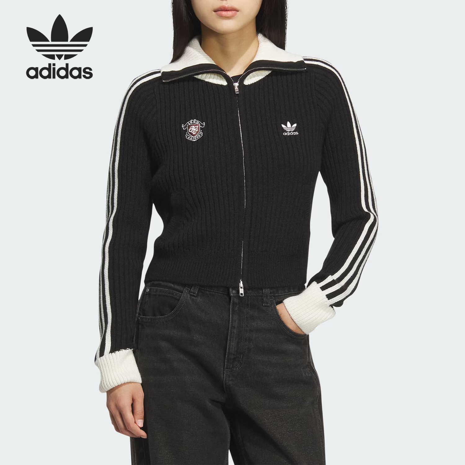 Adidas/阿迪达斯官方正品三叶草女士翻领休闲修身针织衫KF0718