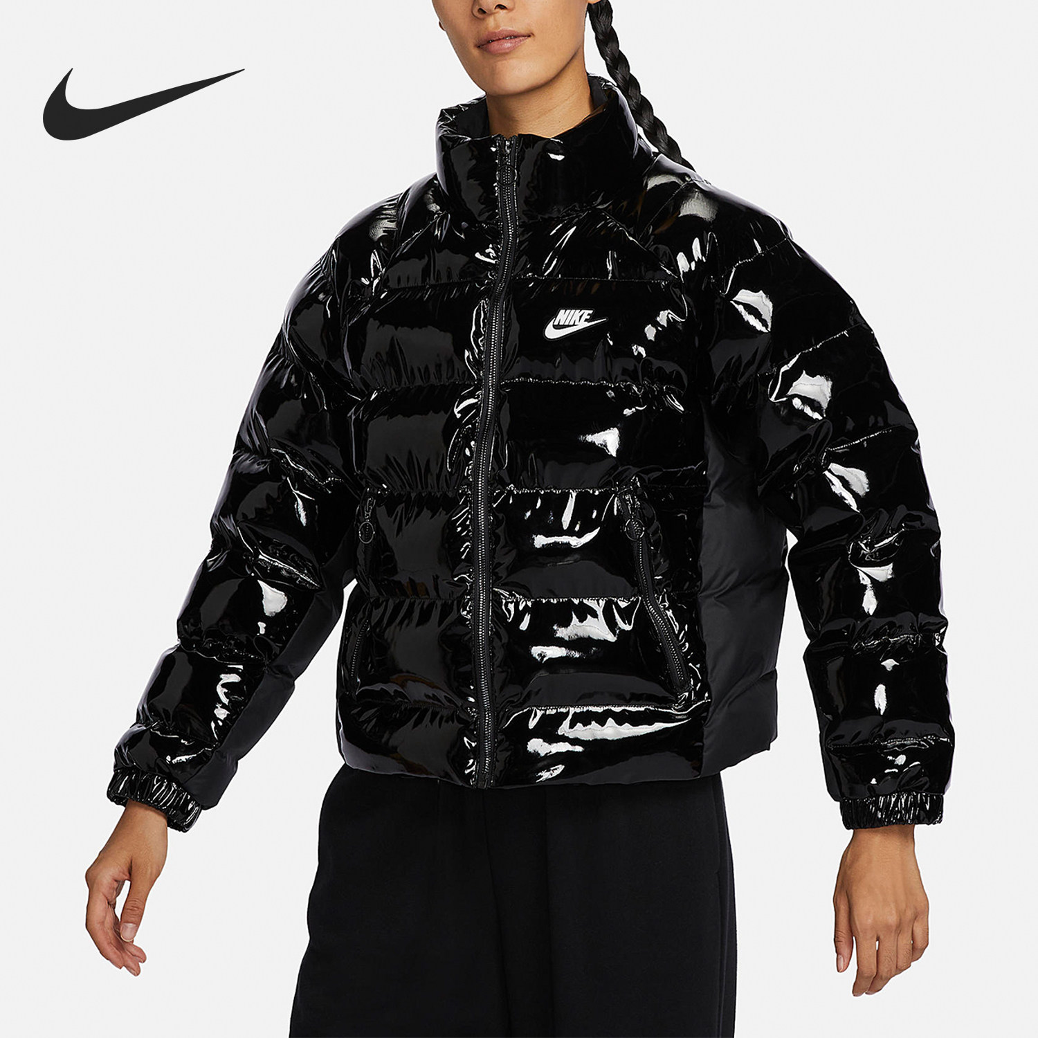 Nike/耐克正品冬季新款女子漆皮朋克运动外套保暖棉服FQ3575