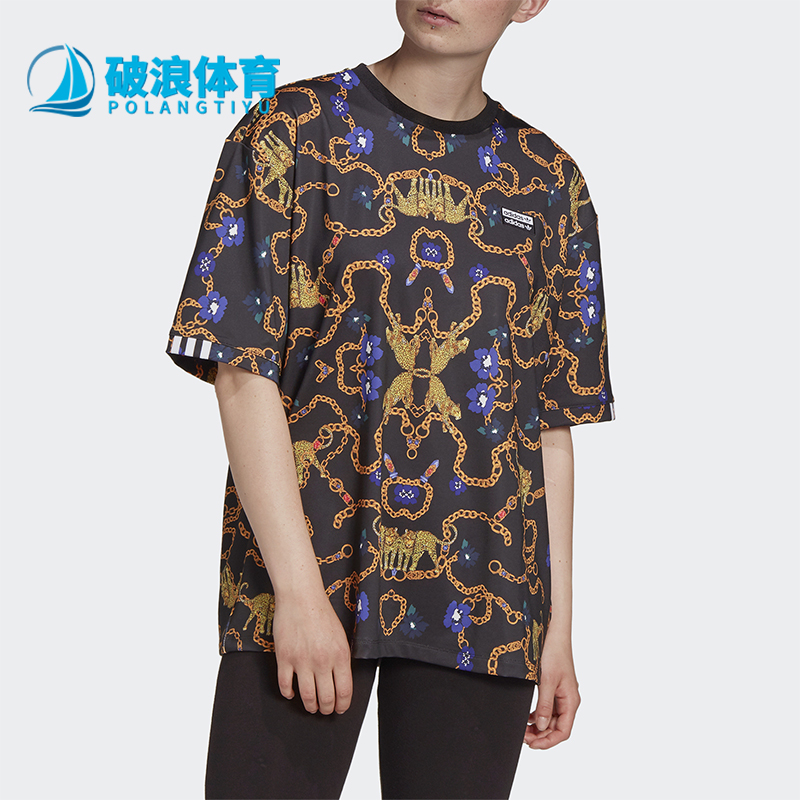 Adidas/阿迪达斯正品三叶草女士透气套头满印印花短袖T恤GD4268
