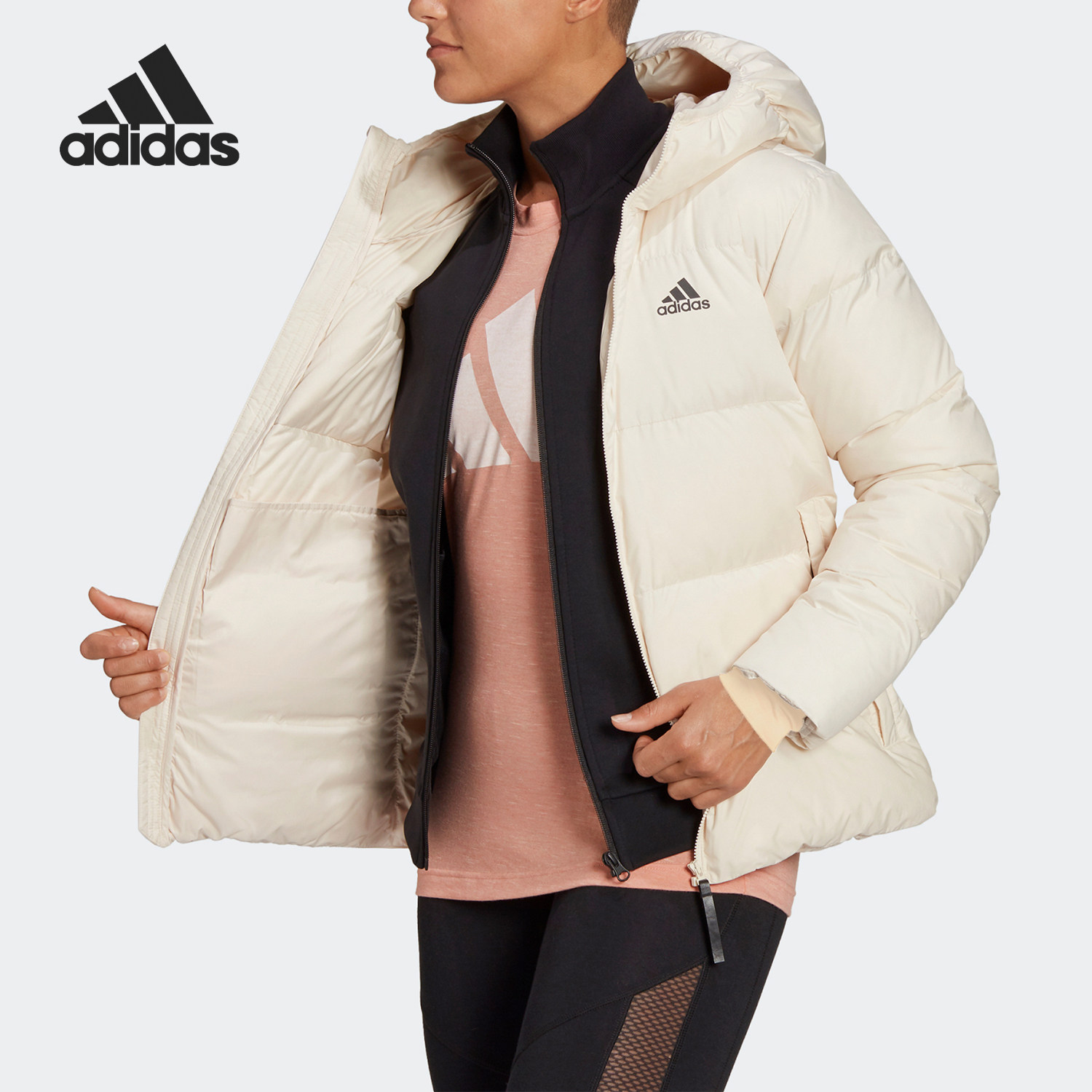 Adidas阿迪达斯正品女连帽保暖鸭绒短款休闲运动风羽绒服H14171
