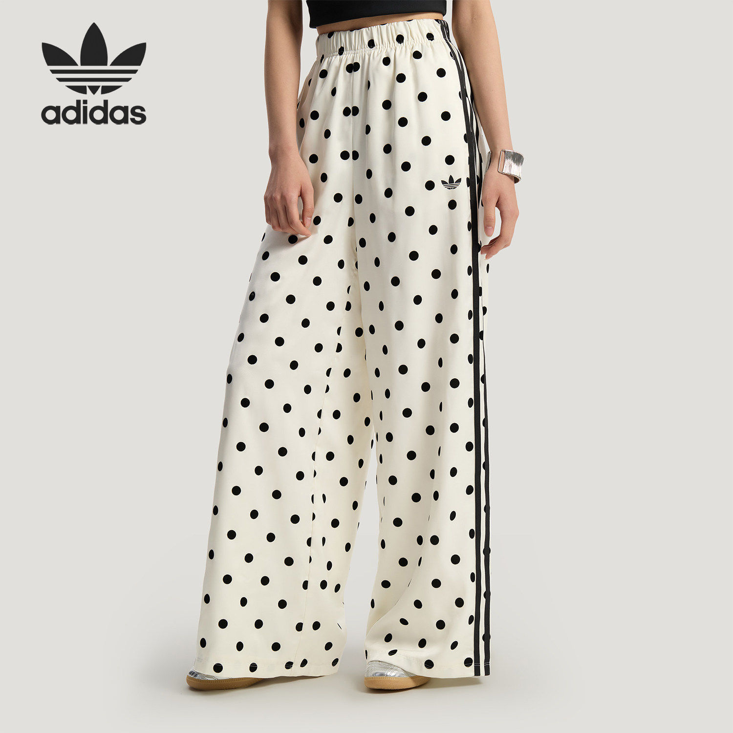 Adidas/阿迪达斯官方正品三叶草新款女白黑色外出阔腿裤KV1168