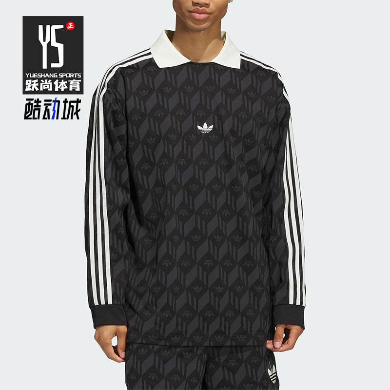 Adidas/阿迪达斯正品三叶草男女同款印花复古翻领长袖T恤JD5196
