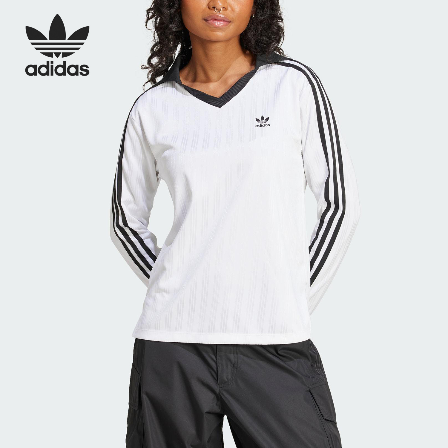 Adidas/阿迪达斯官方正品三叶草女士刺绣运动休闲翻领长袖JD2605