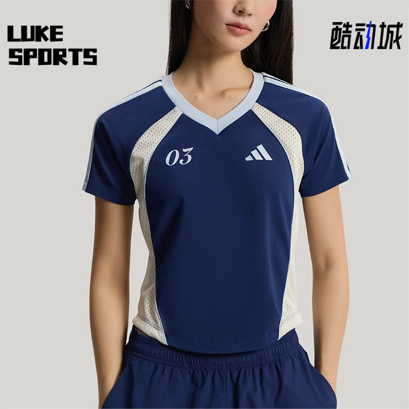 Adidas/阿迪达斯正品TIRO新款女蓝白色足球风经典短袖T恤KZ2388