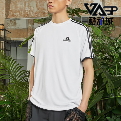 Adidas/阿迪达斯正品夏季男士透气条纹经典圆领运动休闲T恤KU3920