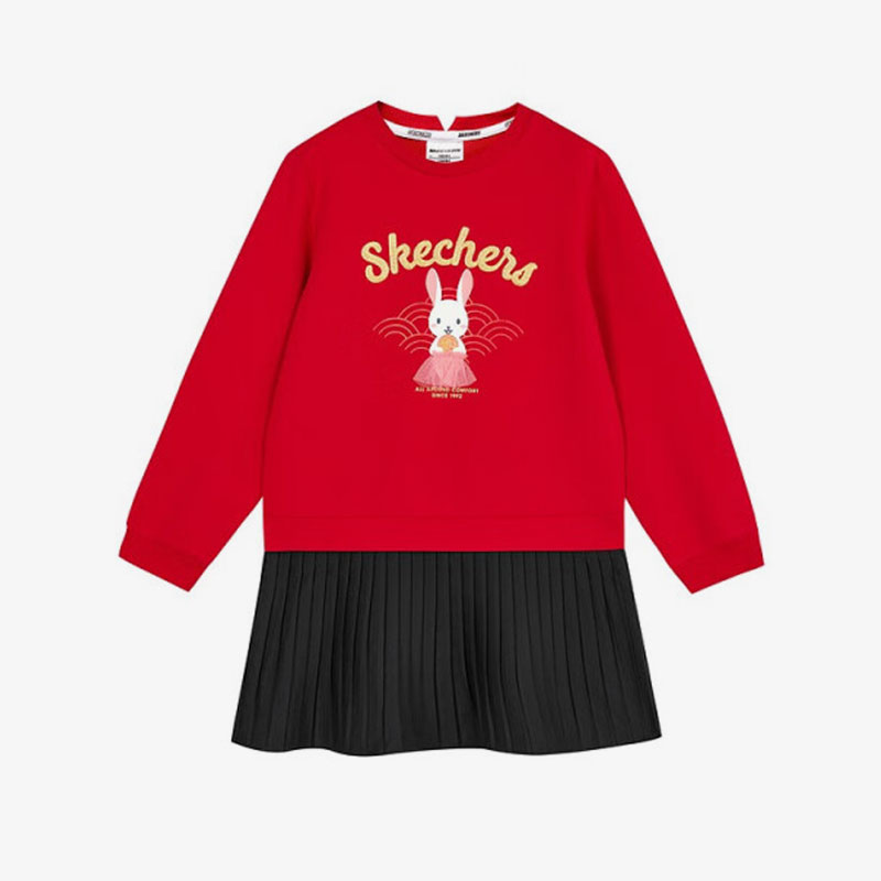 Skechers/斯凯奇正品2023新款女童新年印花休闲针织连衣裙
