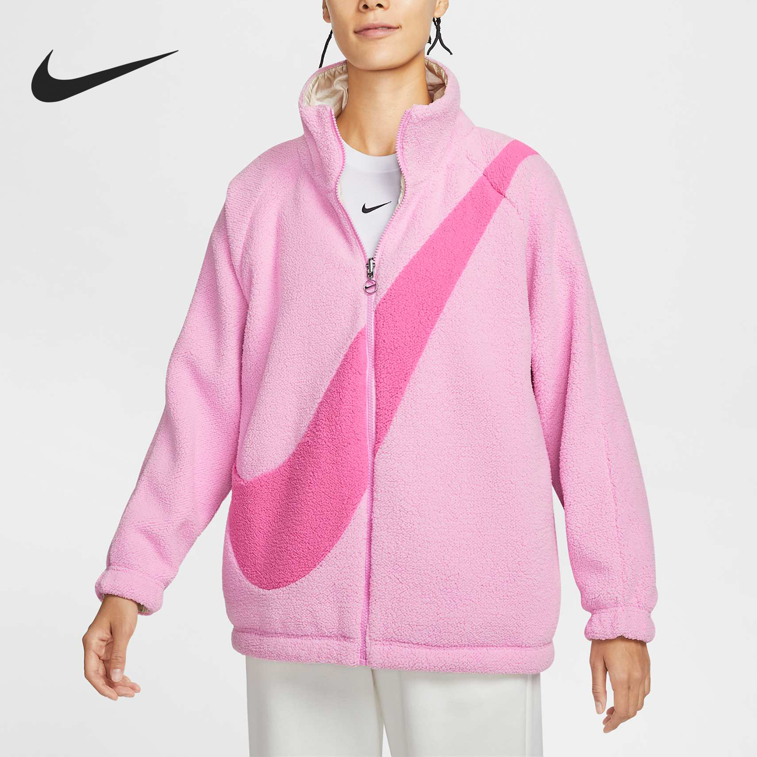 Nike/耐克正品新款女士双面仿羊羔绒保暖立领夹克FV8443-662
