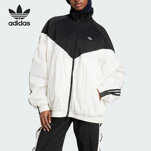 Adidas/阿迪达斯正品三叶草女士条纹拼接立领夹克外套JZ6777