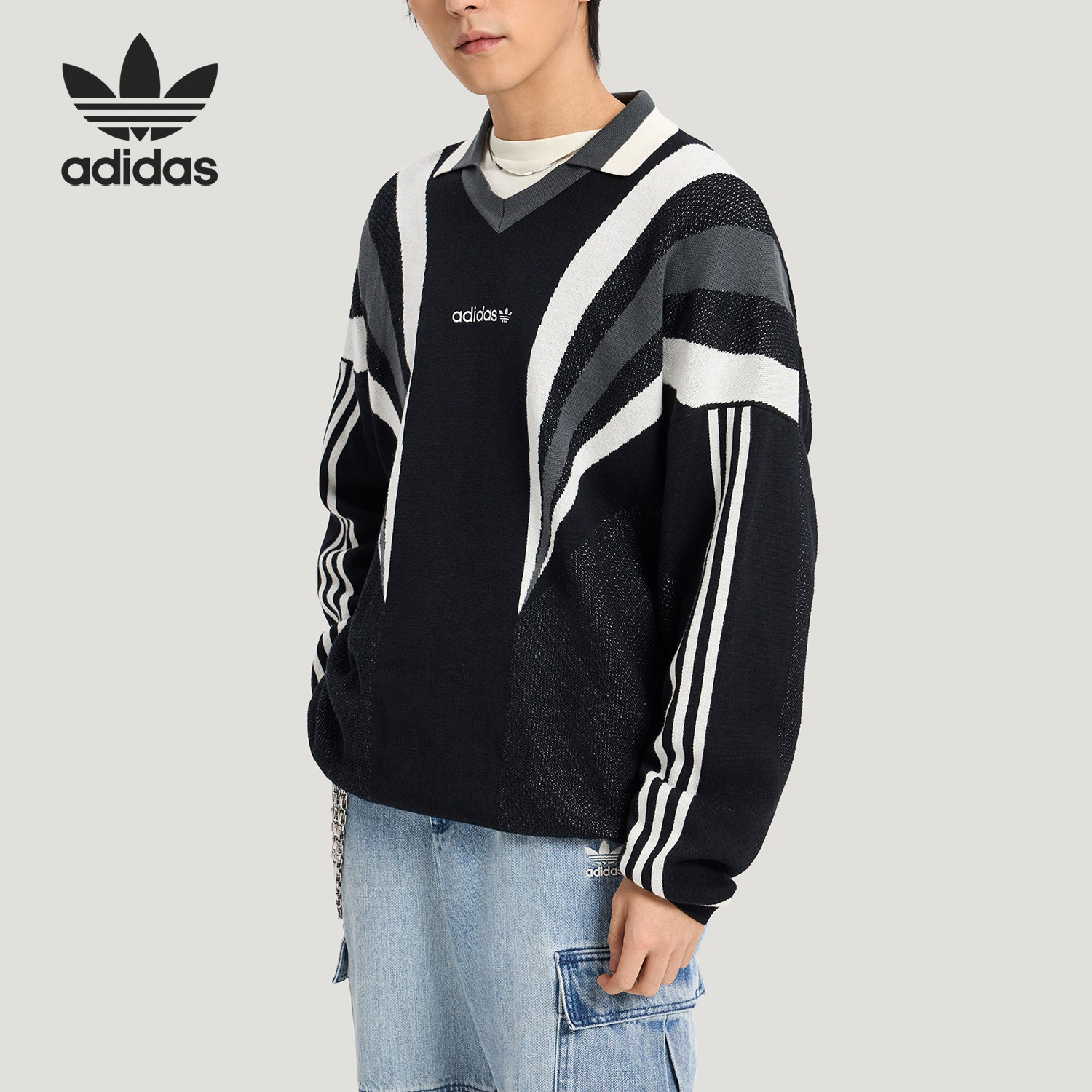 Adidas/阿迪达斯正品三叶草男士针织运动经典宽松套头毛衣KW2018