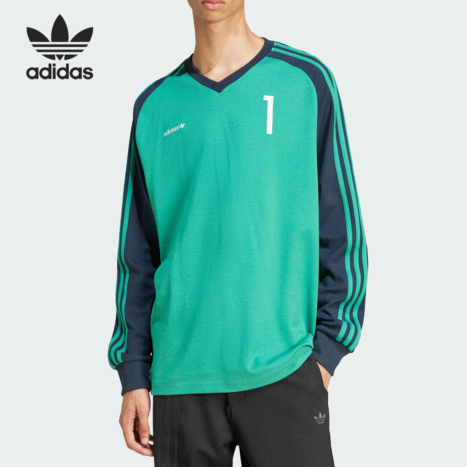 Adidas/阿迪达斯官方正品三叶草男士拼接V领足球运动长袖JC8373