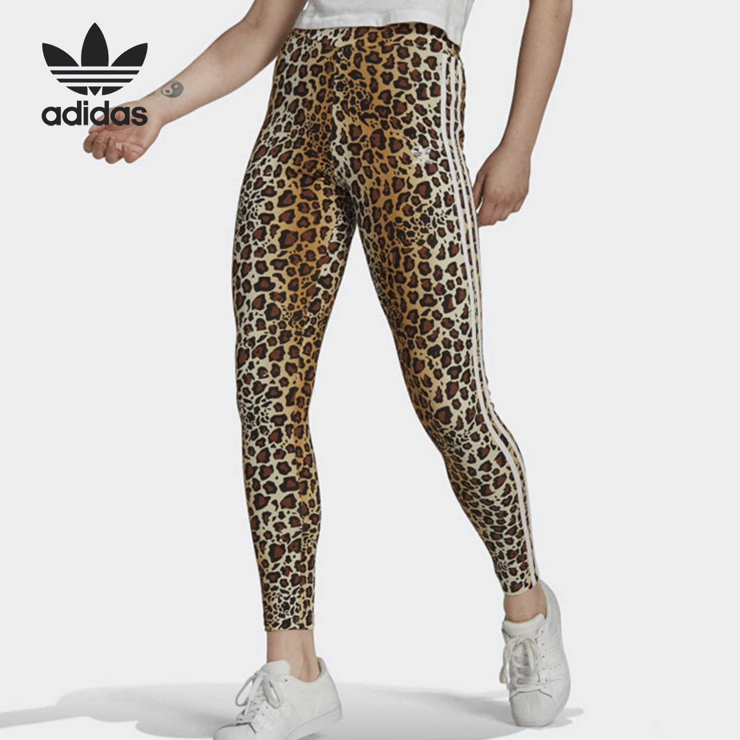 Adidas/阿迪达斯官方正品三叶草女士豹纹印花运动紧身长裤HB4768