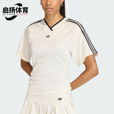 Adidas/阿迪达斯正品三叶草女士透气球衣风修身V领短袖T恤KC9122