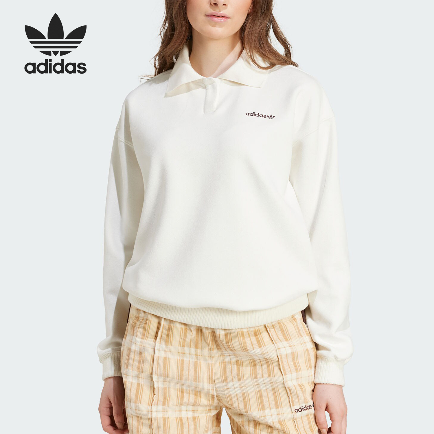 Adidas/阿迪达斯官方正品三叶草女士简约翻领针织休闲卫衣IX7417