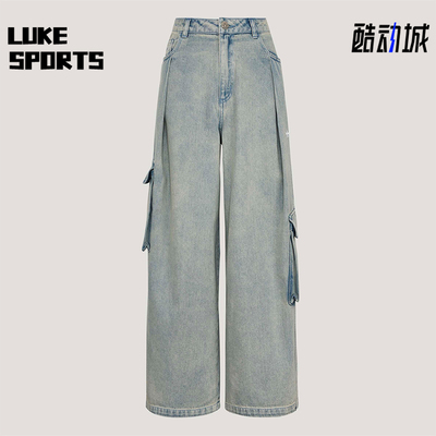 Adidas/阿迪达斯正品三叶草女士工装做旧牛仔经典宽松长裤KU9533