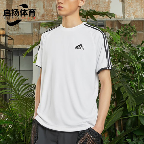 Adidas/阿迪达斯正品夏季男士透气条纹经典圆领运动休闲T恤KU3920