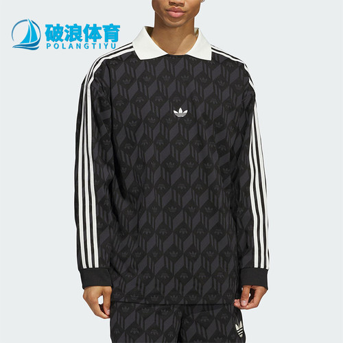 Adidas/阿迪达斯正品三叶草男女同款印花复古翻领长袖T恤JD5196