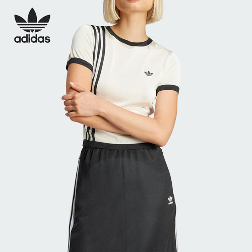 Adidas/阿迪达斯正品三叶草女士三条纹透气圆领短袖T恤JJ0961