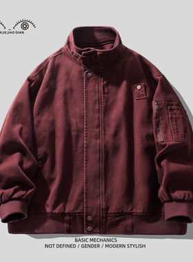 Greece深酒红复古重磅纯棉水洗工装外套男士春秋季美式休闲夹克男