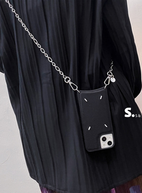 iphone17pro黑色小众14max手提腕带13斜挎挂绳16手机壳15苹果适用冷淡风ins手拎荔枝纹皮革高级感链条保护套