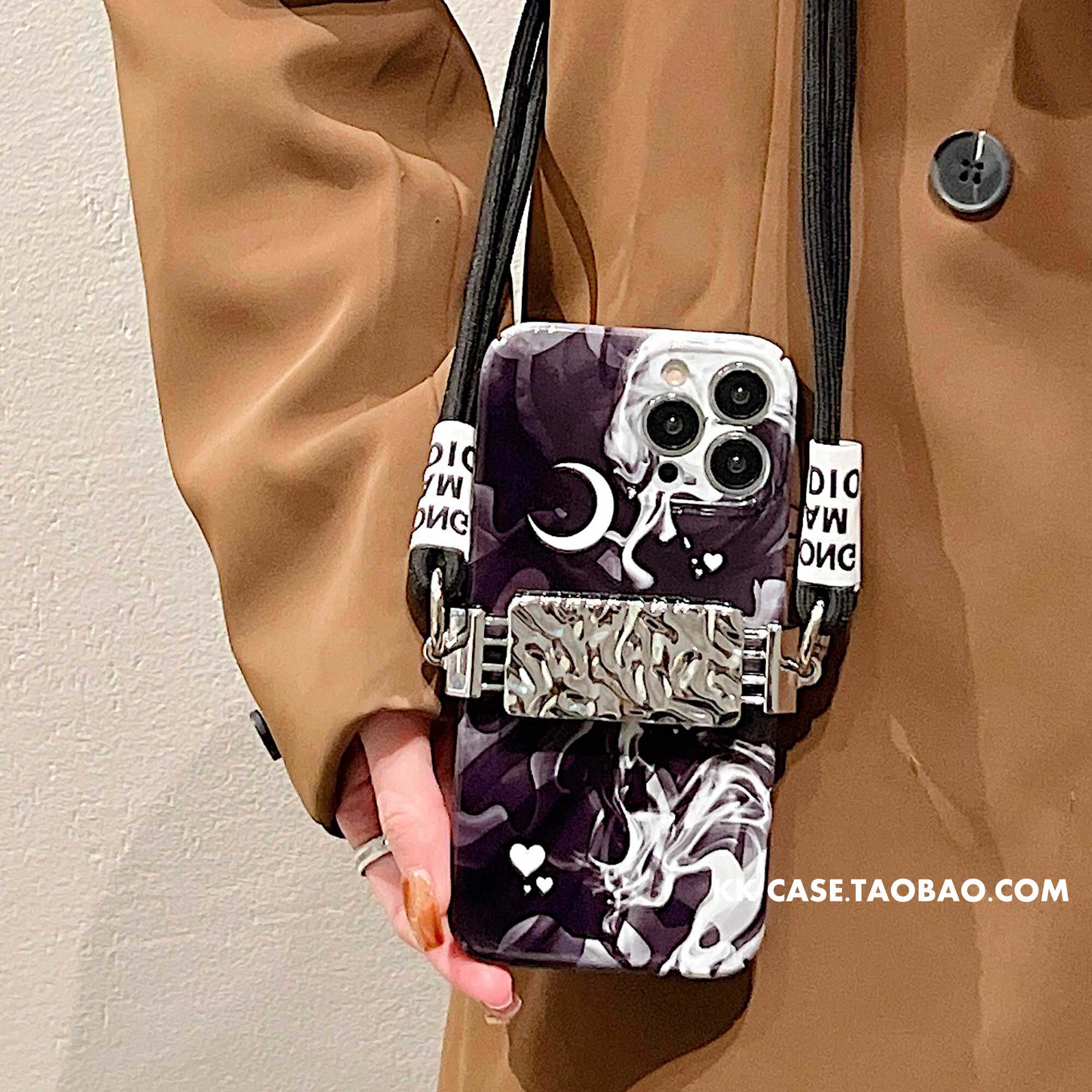 16高级褶皱银色手机背夹挂绳可调节斜挎背带挂脖防丢手机壳17挂链