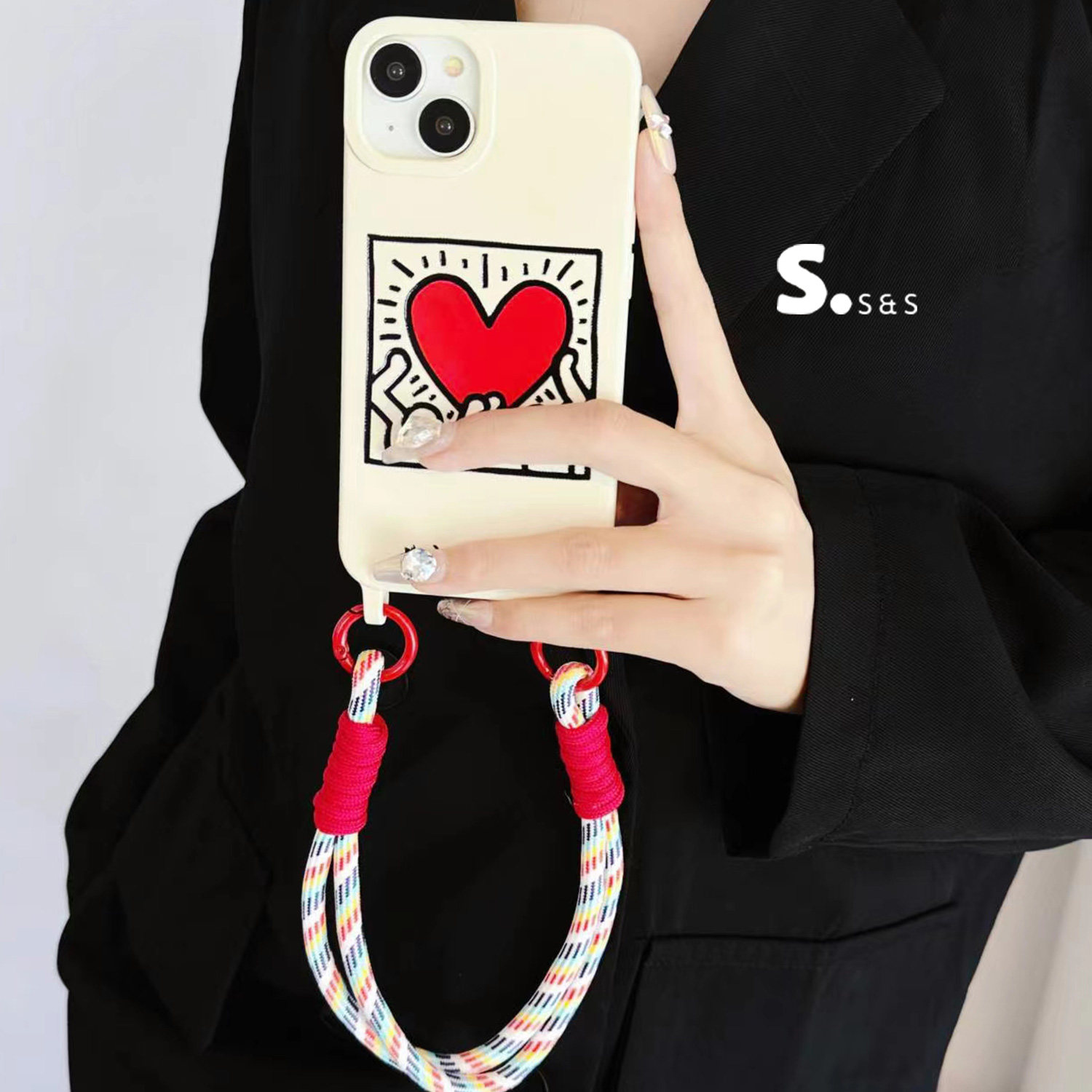 15韩国可爱小众搞怪卡通爱心iphone16斜挎挂绳可背挂脖手提腕带14手机壳13苹果17promax适用11手机链保护套12