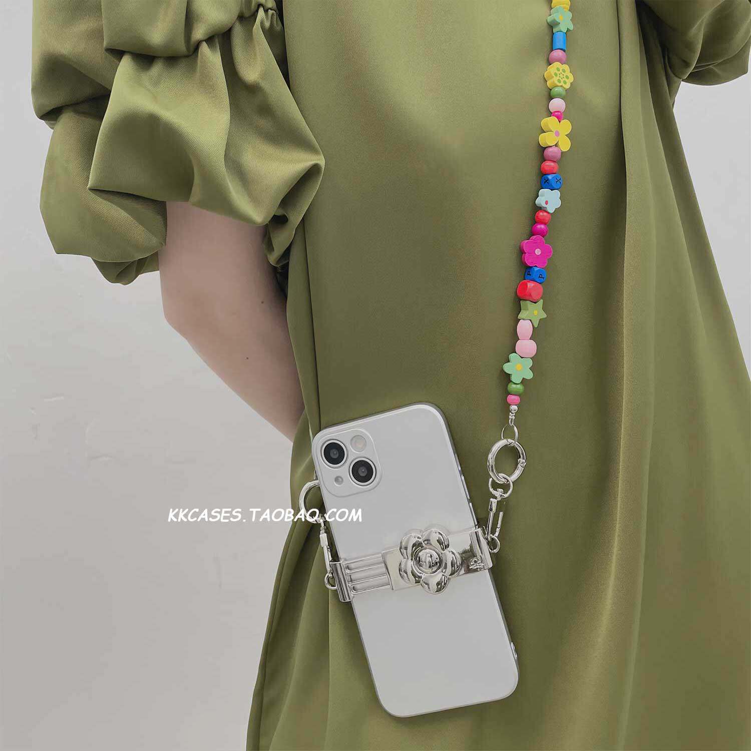 ins小众韩国小花高级感金属夹彩虹色斜挎可背链条挂脖挂绳手机架