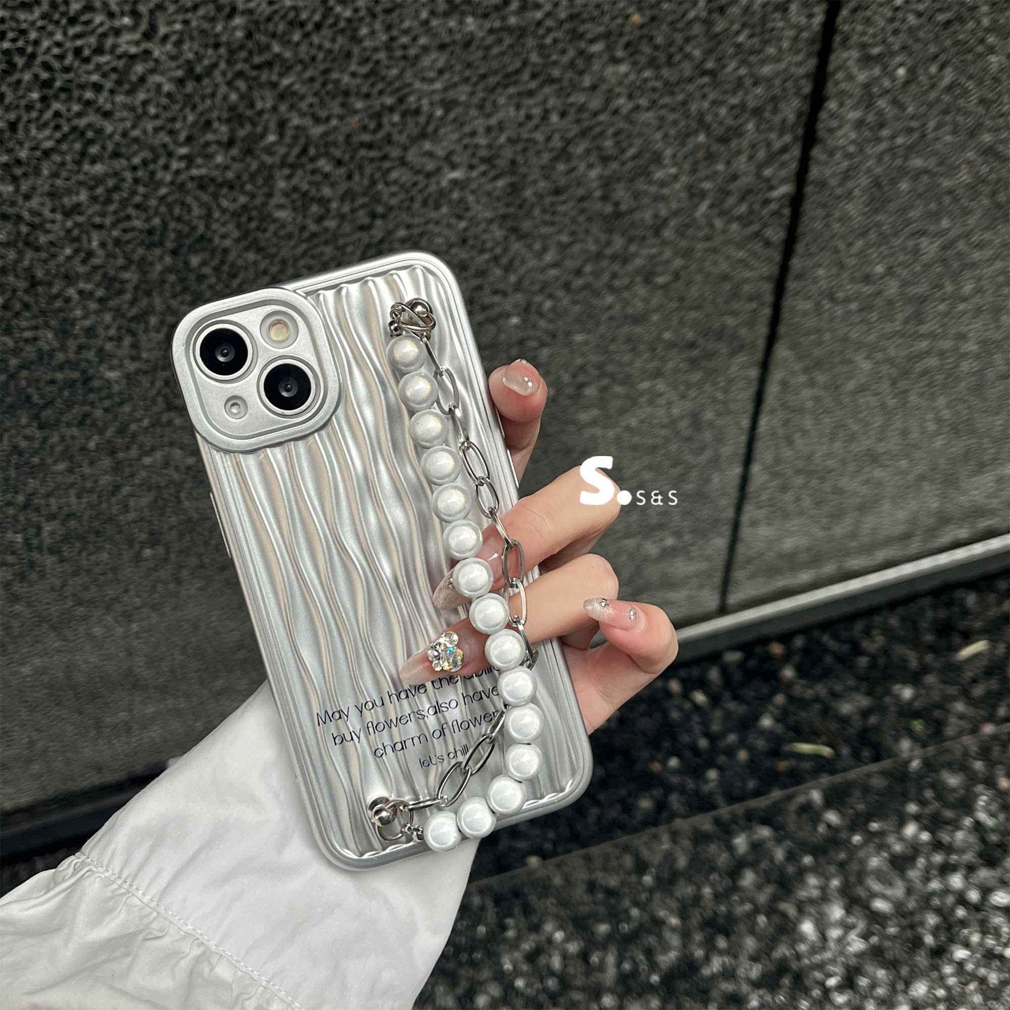 珍珠腕带韩国小众高级iphone14pro max银色树纹11手机壳13苹果12适用ins挂绳个性创意镜头全包防摔软壳保护套