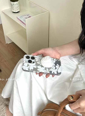 iphone15pro简约清新花朵支架14max白色温柔少女手机壳12苹果16适用新款全包防摔硬壳13韩国高级感11保护套17