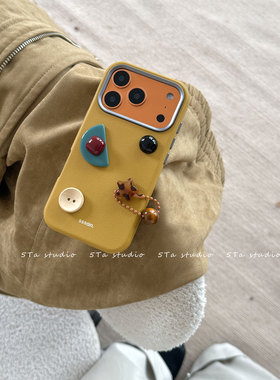 iphone15pro小众秋冬温暖姜黄色皮纹14max立体几何异形宝石手机壳12苹果16适用新款全包防摔13韩国软保护套17