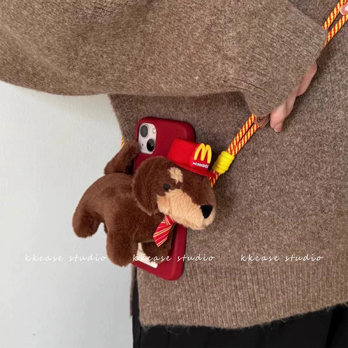 毛绒蜜蜂玩偶小狗手机夹挂绳斜挎可背可调节挂脖手机壳背夹手机链