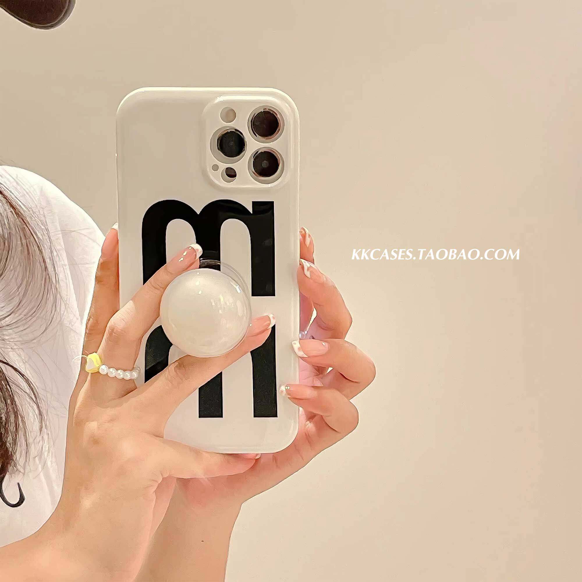 iphone15pro奶白14max文字mm珍珠支架11手机壳iphone13苹果12适用日韩ins黑色字母镜头全包防摔软壳保护套