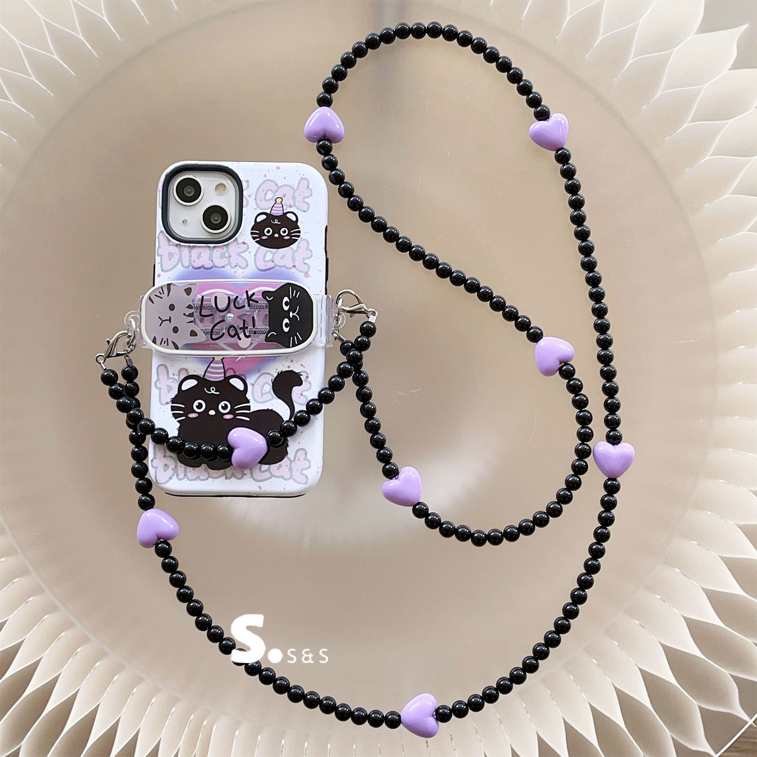 少女心可爱小猫手机夹串珠爱心挂绳斜挎可背挂脖手机壳背夹手机链