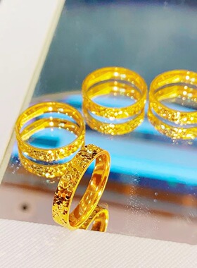 越南沙金镀金999足金仿真黄金k金爆闪碎金碎碎冰戒指男女情侣对戒
